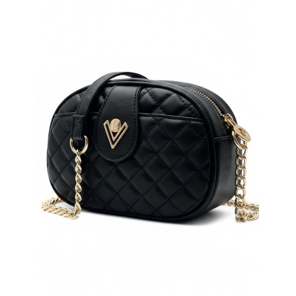 Valentino Orlandi Quilted Camera‎ Crossbody Bag Black Gold Chain Accent
